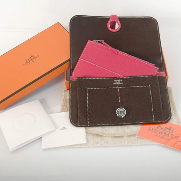 1:1 Quality Hermes Compact Passport Holder Togo Leather Wallet Dark Coffee Replica